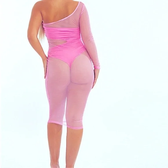 NWT Pink Sheer One-Shoulder Dress - Picture 3 of 5